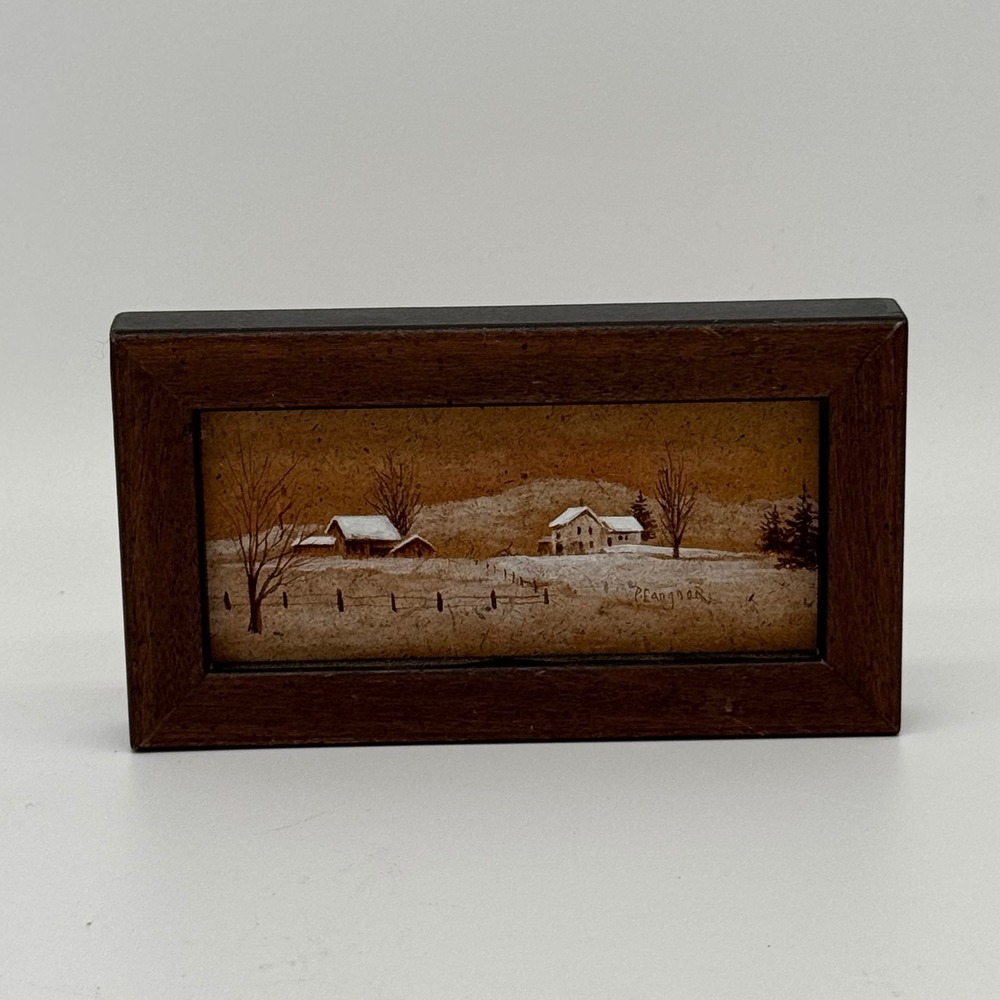 Vintage Miniature Sandpaper Winter Painting Framed Farmhouse Signed Rustic
